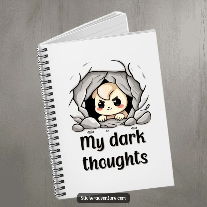 Funny cave explorer notebook, featuring a playful character peering into a dark cave with a nervous grin, ready for your notes.