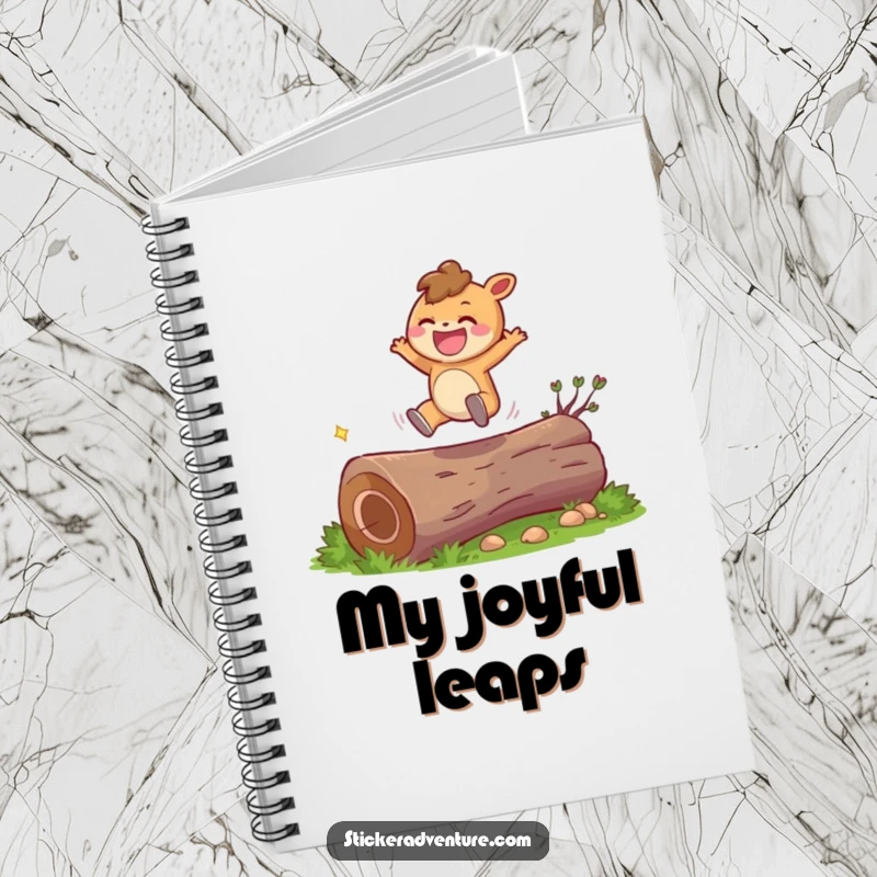 Funny character notebook with a character leaping over a log, ideal for jotting notes with a touch of joy.