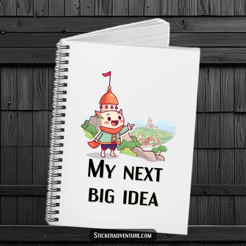 Funny notebook with a smiling character pointing at an imaginative landmark, perfect for jotting down funny thoughts and creative ideas.