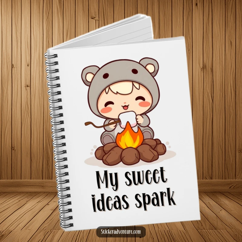 Funny notebook featuring a cute character roasting a marshmallow over a campfire, ideal for capturing cozy and humorous thoughts.