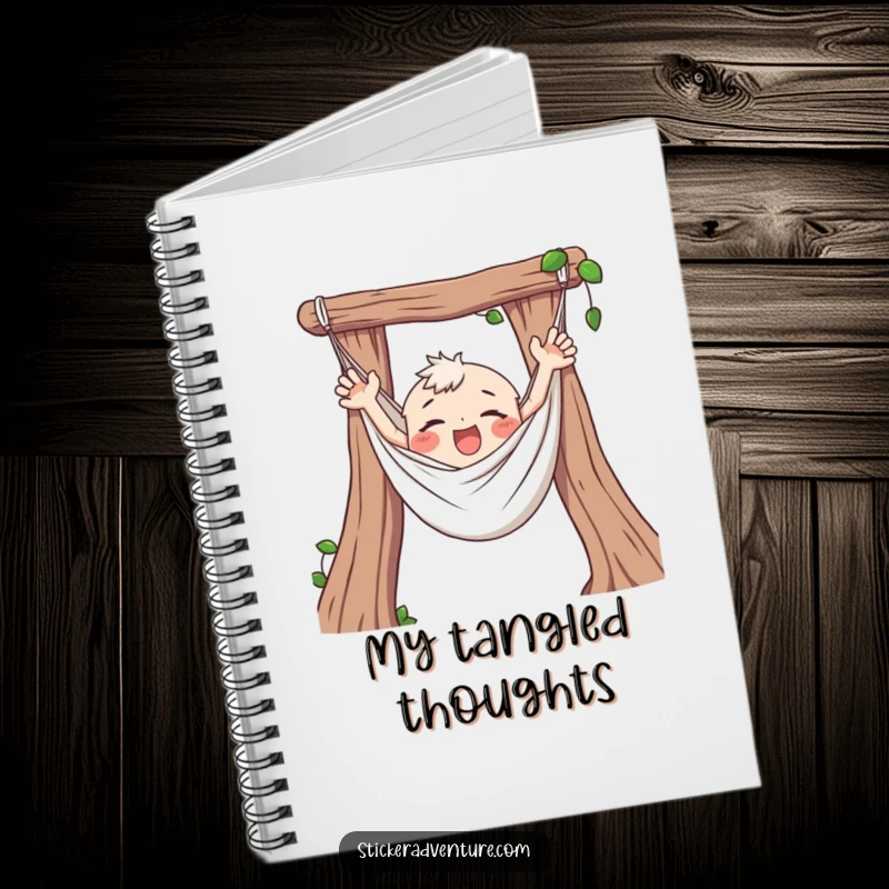 Funny Hammock Notebook, ideal for planning, featuring a character happily tangled and flailing arms in a hammock.