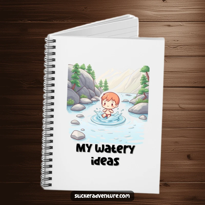 Funny notebook featuring a charming figure playfully splashing in a clear mountain stream, inspiring peaceful note-taking.