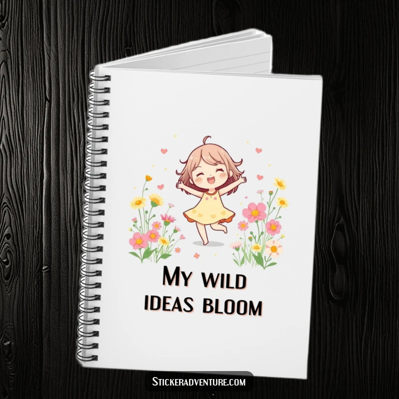 Funny Notebook with a cheerful character dancing among wildflowers, ideal for capturing joyful thoughts and creative ideas.