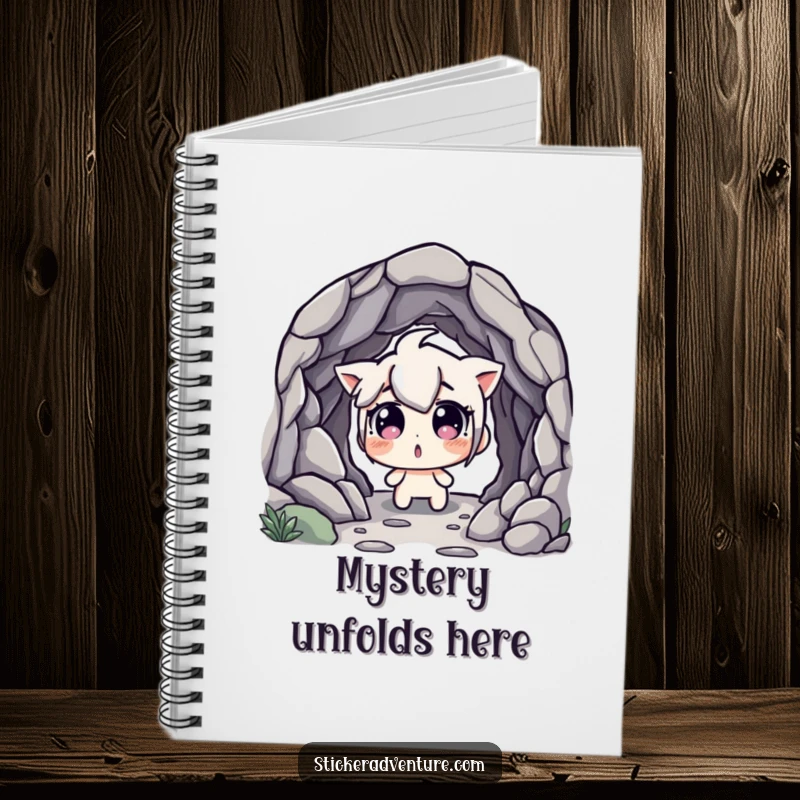 Funny Notebook: Character discovering a hidden cave entrance with wide, surprised eyes, perfect for jotting down unexpected thoughts.