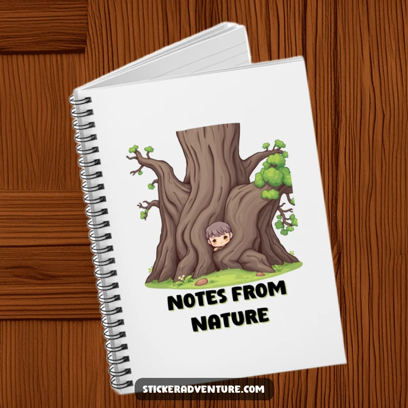Funny notebook with a character peeking from behind a large ancient tree, ideal for recording thoughts and secrets.