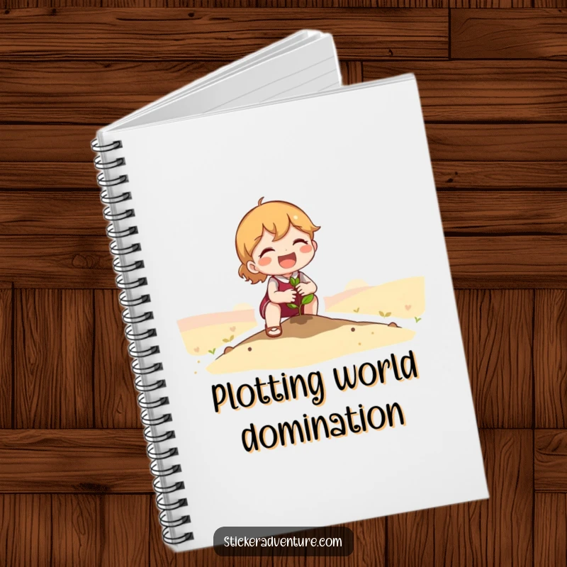 Funny Notebook: Cute character planting a tiny seedling in a vast landscape, perfect for jotting down notes and creative ideas.