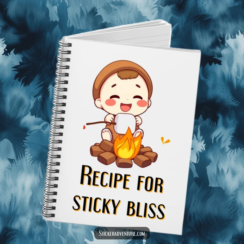 Funny campfire marshmallow notebook, a person toasting a marshmallow by fire, ideal for notes and gifting.