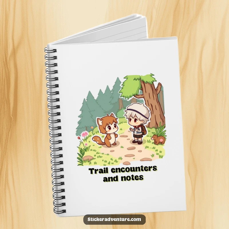 Funny woodland surprise notebook, a hiker meeting a friendly animal, perfect for notes and humorous gifting.