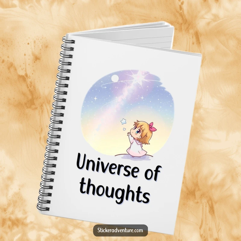 Funny notebook with a joyful character looking up in awe at a vast, sparkling starlit night sky.
