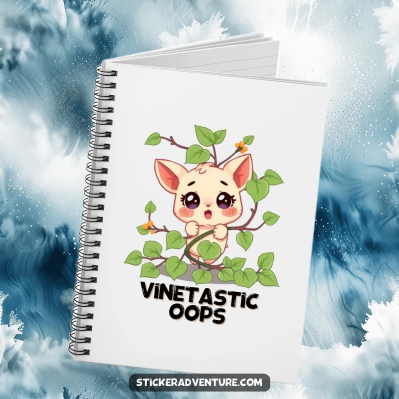 Funny notebook cover with a small character comically tangled in a vine, sporting a shocked expression, for creative note-taking.