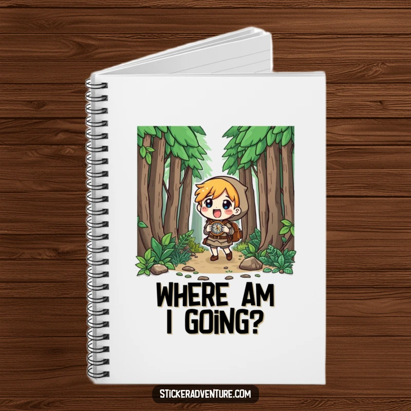 Funny character in a forest with a compass, curious look, ready to write, inspiring curiosity, ideal funny gift.