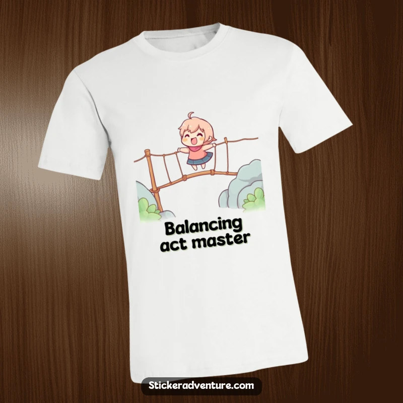 Funny t-shirt featuring a character gleefully crossing a wobbly rope bridge, celebrating courage and a fun journey.