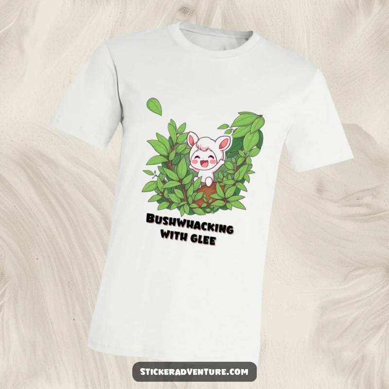 Funny t-shirt featuring a character excitedly navigating dense foliage with a smile, celebrating the joy of discovery.