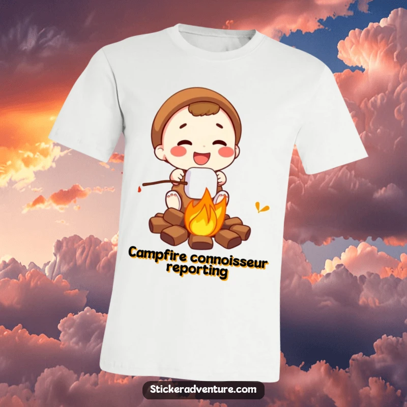 Funny campfire marshmallow t-shirt, a happy person gleefully toasting a marshmallow by a warm fire.