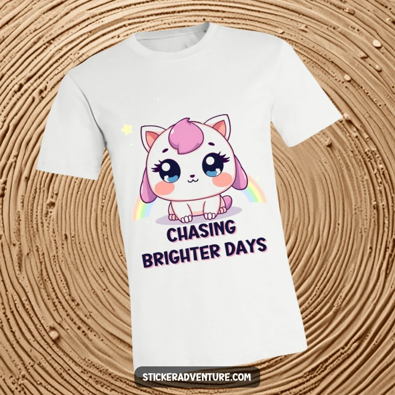 Funny t-shirt featuring a sweet creature spotting a distant rainbow, radiating wonder, perfect for a funny and inspirational gift.