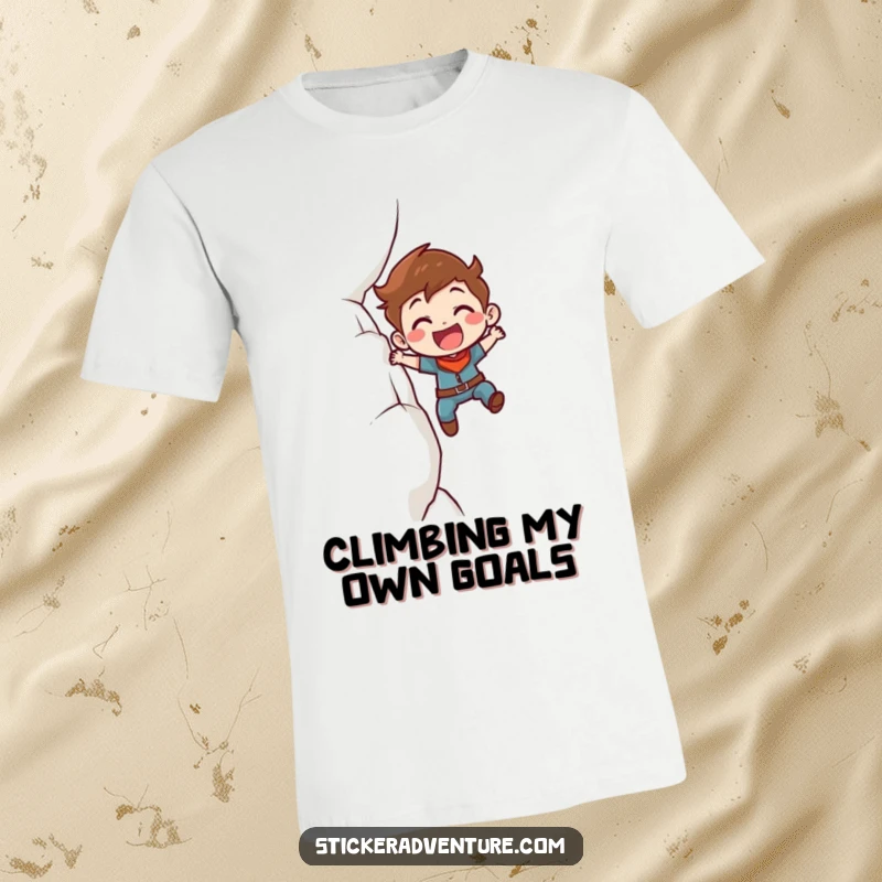 Funny T-Shirt: A character enthusiastically scaling a massive cliff face, smiling with determination and triumph.