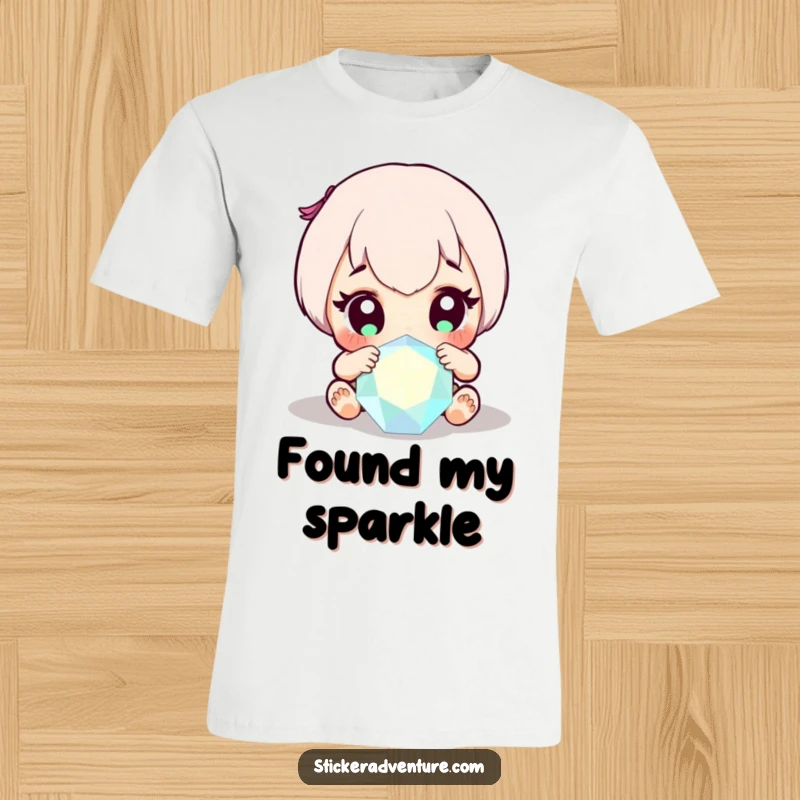 Funny t-shirt featuring a delightful character with wide eyes, captivated by the sparkle of a newly discovered precious gem.