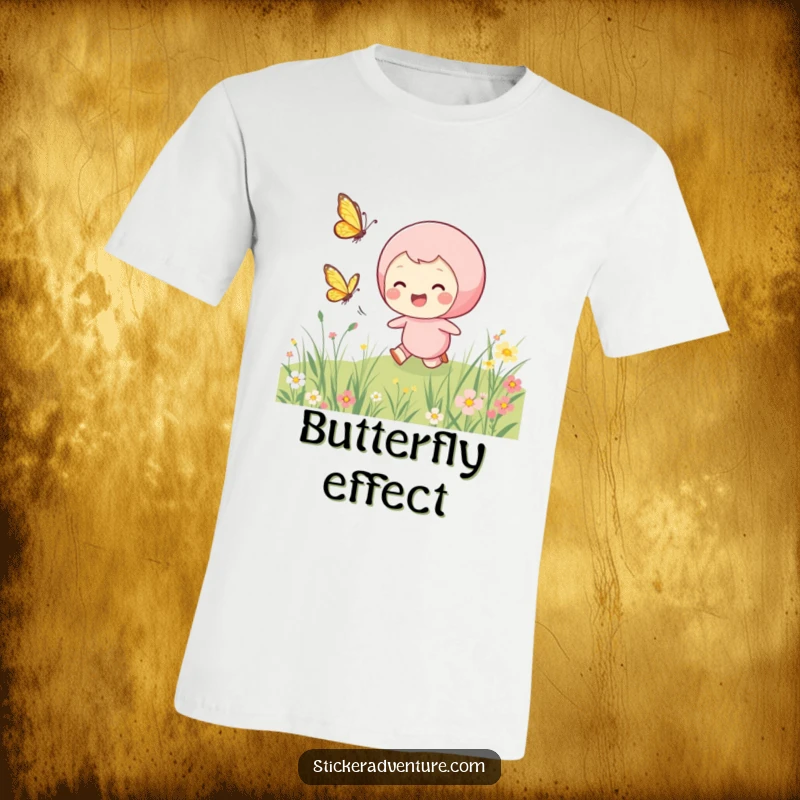 Funny butterfly chase t-shirt, showing a smiling character happily pursuing a fluttering butterfly across a vibrant meadow.