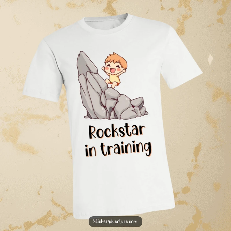 Funny t-shirt showcasing a cute character joyfully scaling a small, rocky cliff, expressing determination and a cheerful spirit.