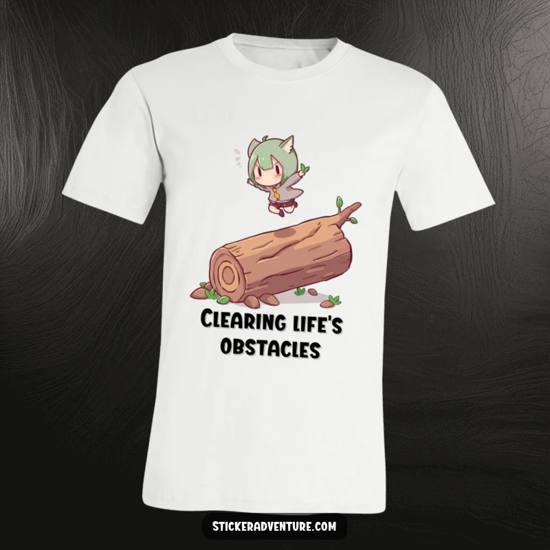 Funny t-shirt of a character performing an energetic leap over a fallen log with grace and style. Athletic humor tee.