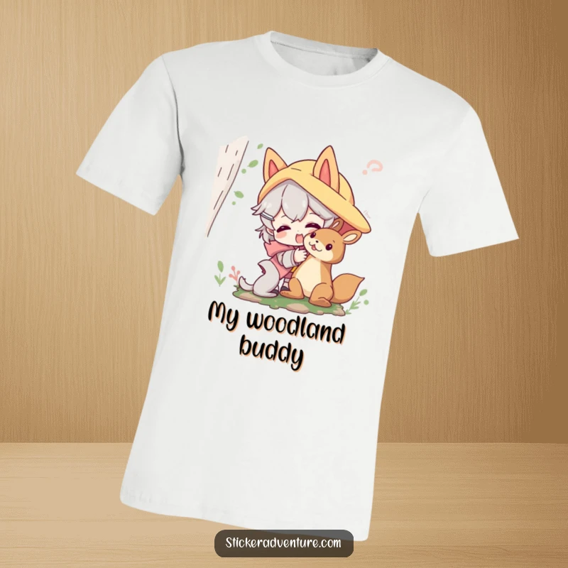 Funny forest pals t-shirt featuring a character playfully interacting with a friendly forest creature; a heartwarming and humorous design.