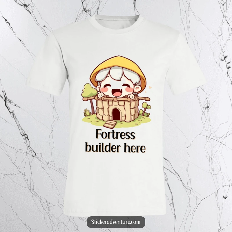 Funny fort builder t-shirt, showing an excited character enthusiastically constructing a small fort using sticks, full of joy.