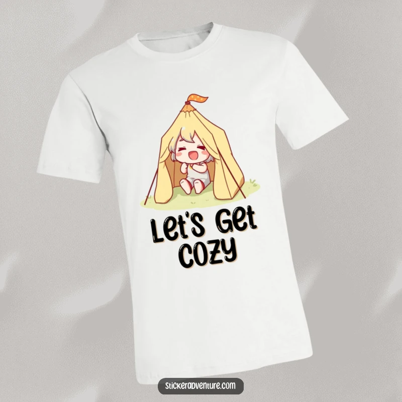 Funny Happy Camper T-Shirt: A character joyfully and determinedly setting up a small tent, embodying outdoor fun.