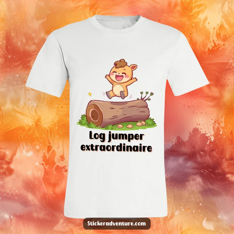 Funny character t-shirt featuring a cute character mid-leap over a log, expressing pure joy and a wide grin.