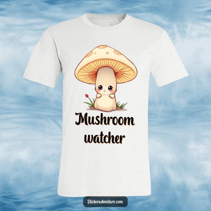 Funny t-shirt depicting a tiny character peeking with curious eyes from behind a large, detailed mushroom, sparking imagination.