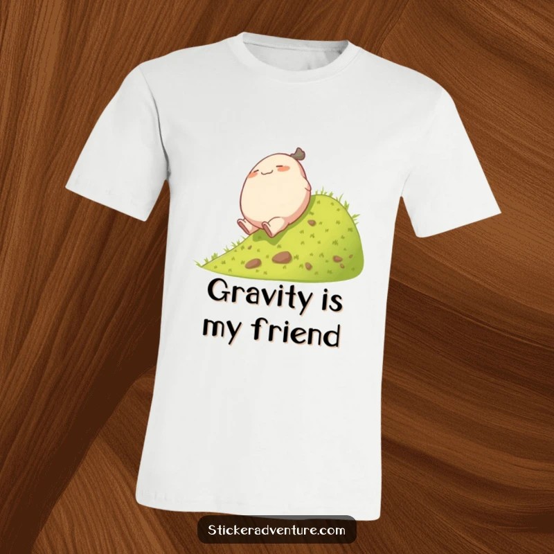 Funny plump character t-shirt, illustrating a character gleefully tumbling down a grassy hill, embodying pure fun.