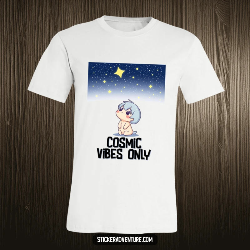 Funny t-shirt depicting a character looking up at a starry night sky with humorous wonder and a sense of cosmic adventure.
