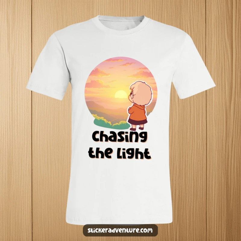 Funny t-shirt of a character looking up in awe at a vibrant sunset, showcasing wonder and admiration. Humorous scenic tee.