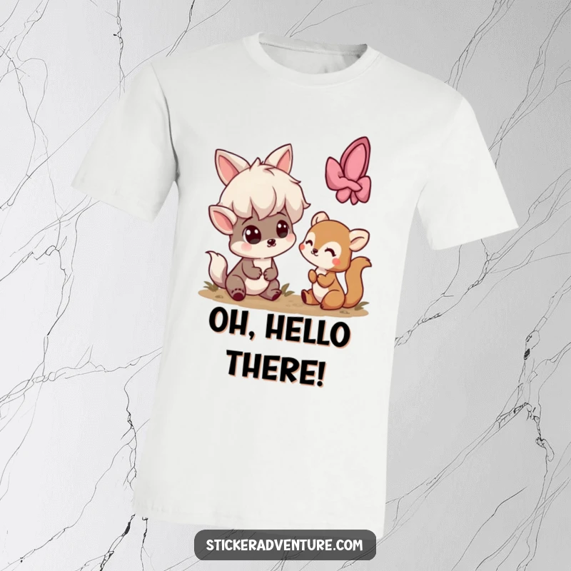 Funny t-shirt featuring a playful character looking utterly surprised upon encountering a small, timid woodland creature.