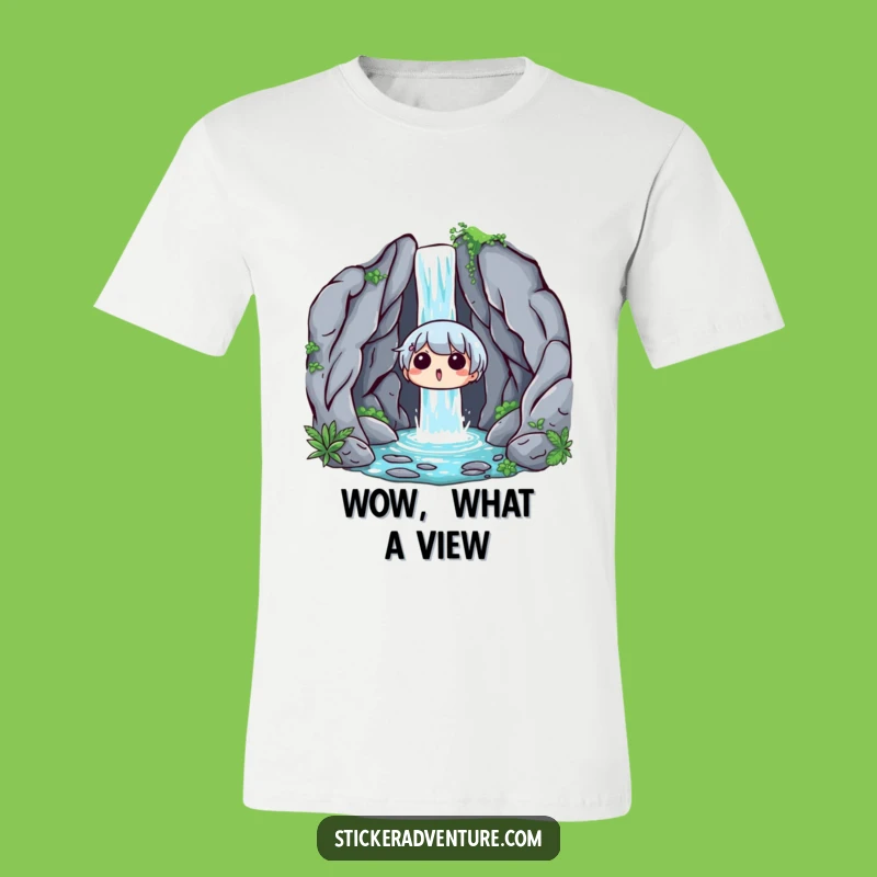 Funny Waterfall Surprise T-Shirt: Delighted Explorer Tee for Nature Fans