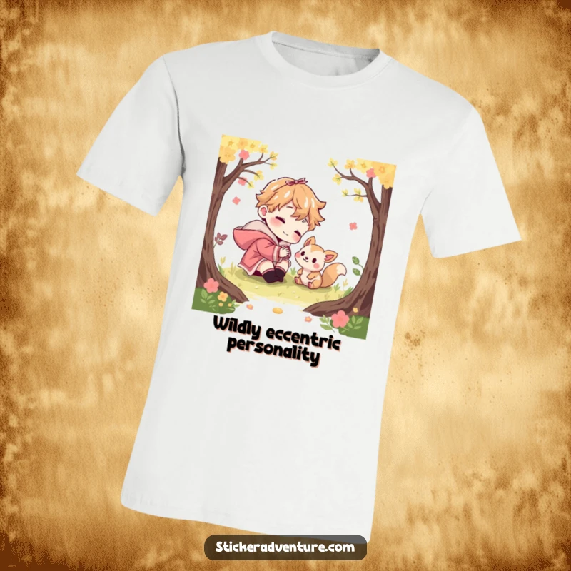 Funny t-shirt featuring a character playfully engaging with a curious woodland creature, highlighting friendship and fun. Humorous nature tee.
