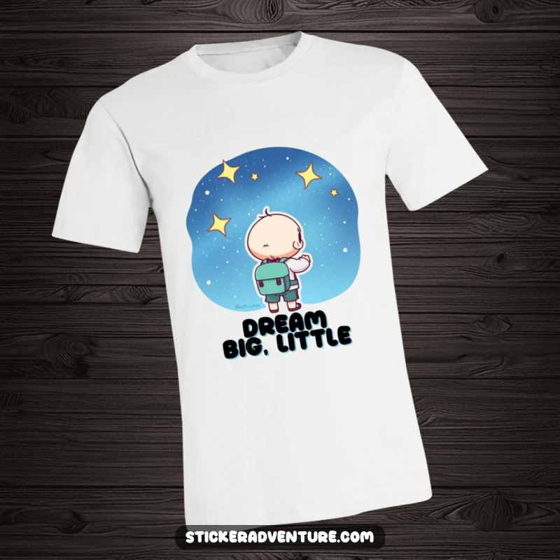 Kawaii t-shirt with a cute character wearing a backpack, gazing dreamily at a vibrant, star-filled night sky.