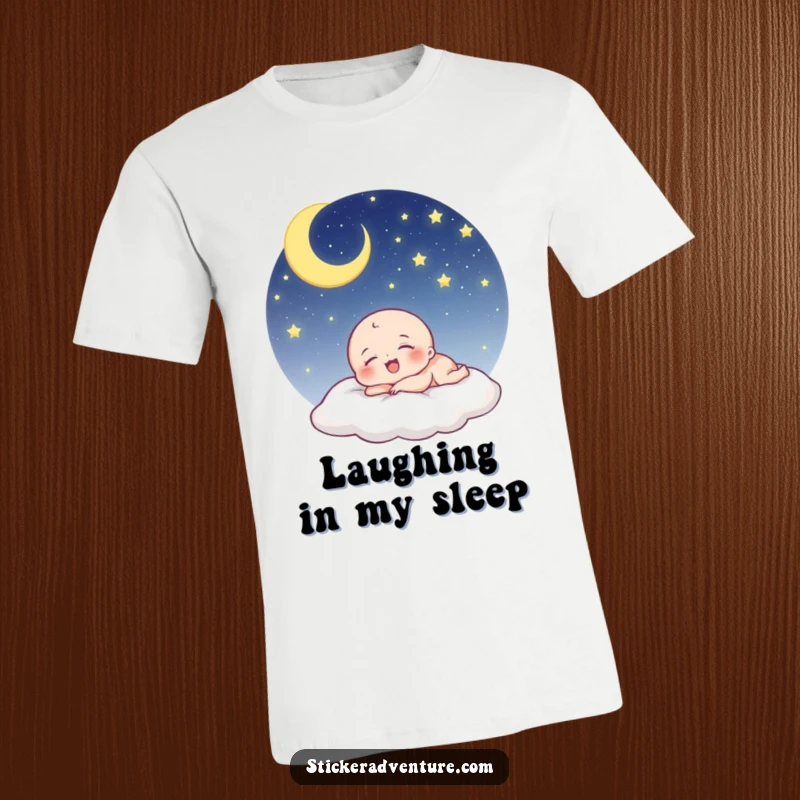 Funny being t-shirt: a tiny, cute character laughs contentedly while sleeping deeply beneath a celestial, star-filled sky.