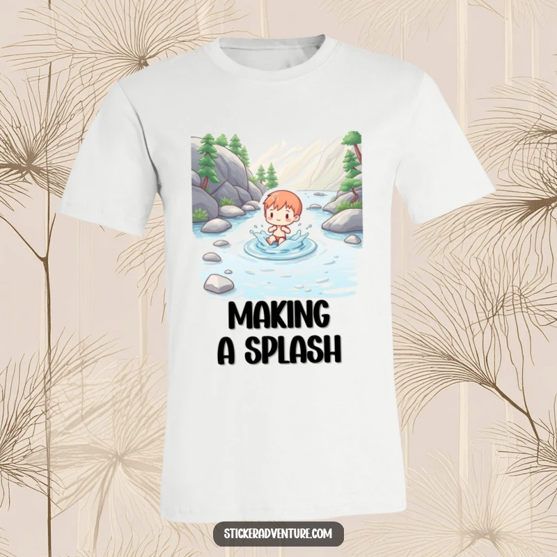Funny t-shirt featuring a charming figure playfully splashing in a clear mountain stream, embodying the joy of nature.
