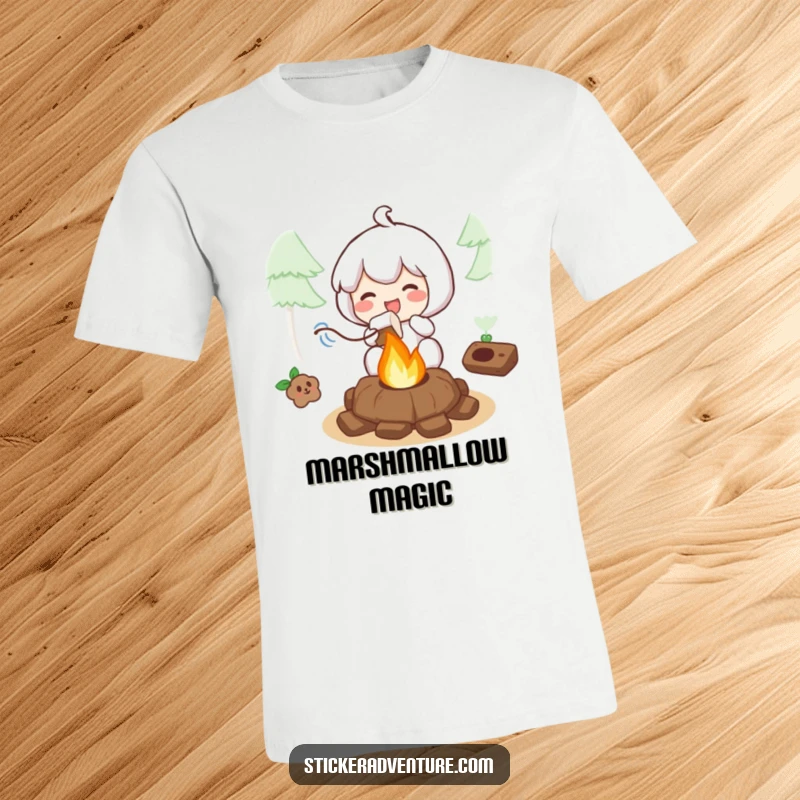 Funny t-shirt depicting a character gleefully roasting a marshmallow over a small campfire, capturing the joy of outdoor cooking.