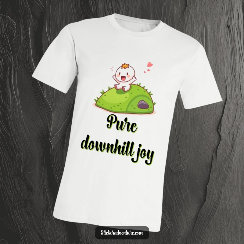 Funny character joyfully sliding down a grassy hill with a gleeful shout, printed on a t-shirt.