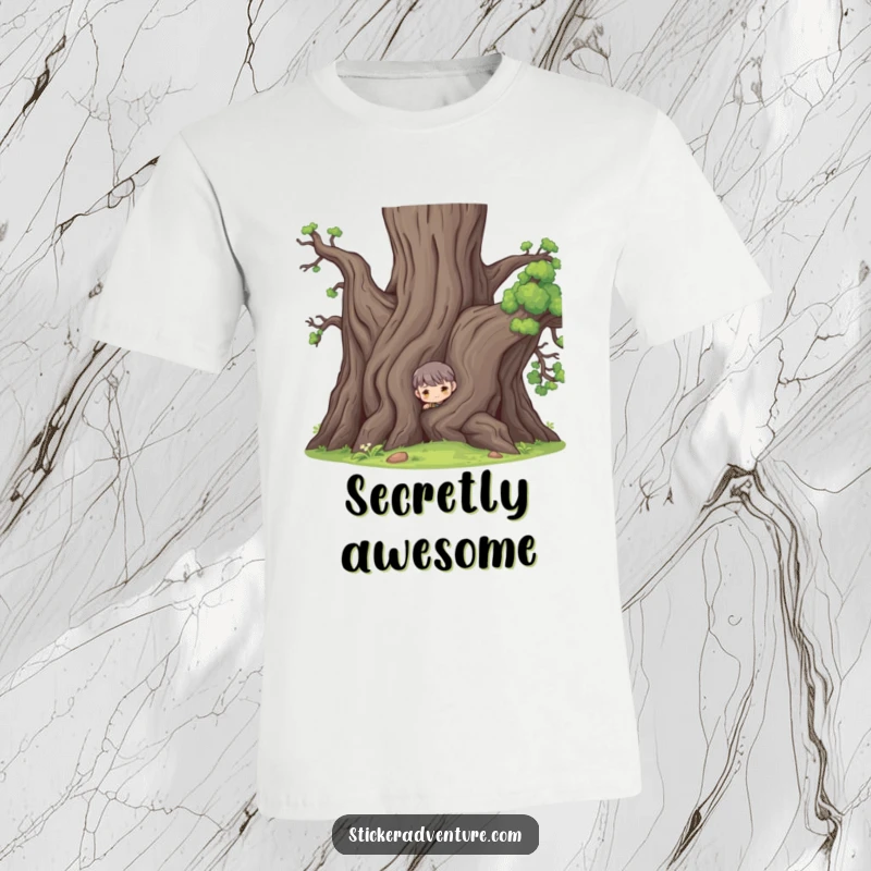 Funny t-shirt featuring a character peeking from behind a large ancient tree, symbolizing curiosity and playful mystery.