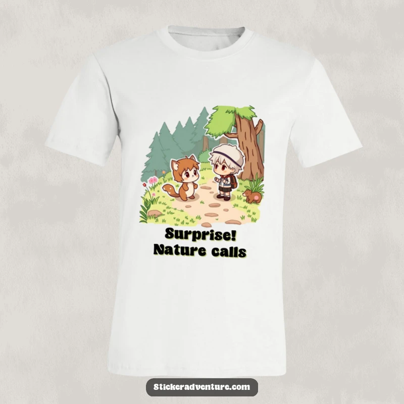Funny woodland creature trail t-shirt, a surprised person meeting a charming animal unexpectedly on a forest path.