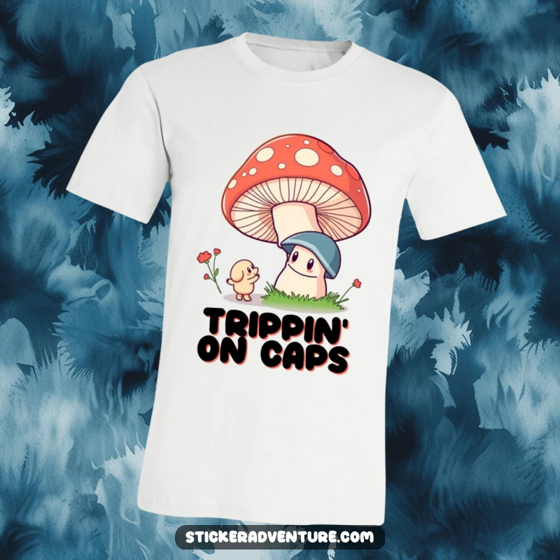 Funny t-shirt showing a whimsical character captivated by the sheer size and color of a giant, magical mushroom.