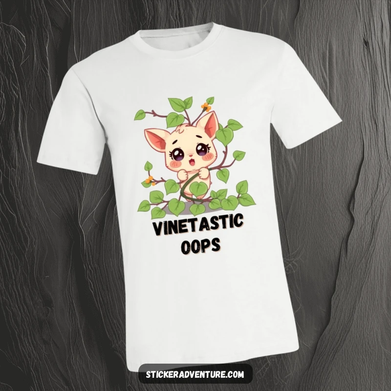 Funny t-shirt showcasing a small character comically tangled in a leafy vine, with a wide-eyed, surprised expression.