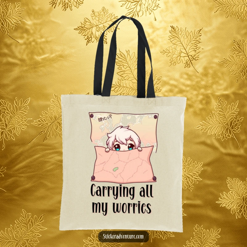 Funny Map Tote Bag with a character hiding and peeking out with wide eyes, perfect for carrying essentials and secrets.