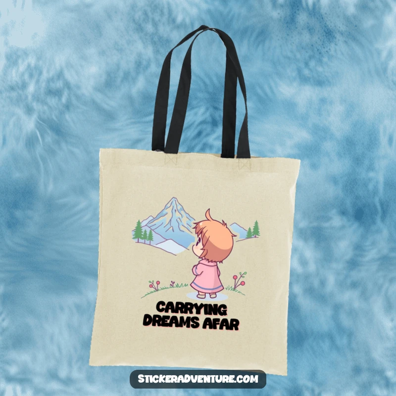 Funny tote bag featuring a character looking at a distant mountain peak with humorous wonder, ideal for carrying essentials on adventures.