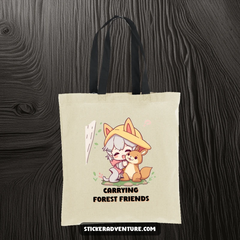 Funny forest friends tote bag featuring a character playfully interacting with a friendly forest creature; a humorous and charming accessory.