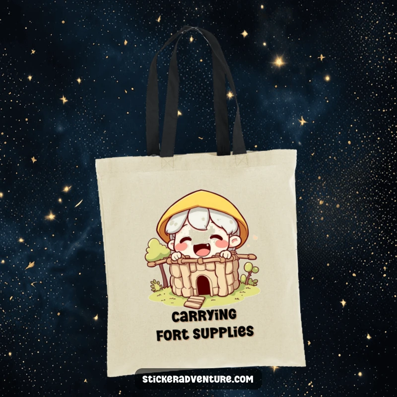 Funny builder character tote bag, showing an excited character building a small fort from sticks, perfect for carrying supplies.