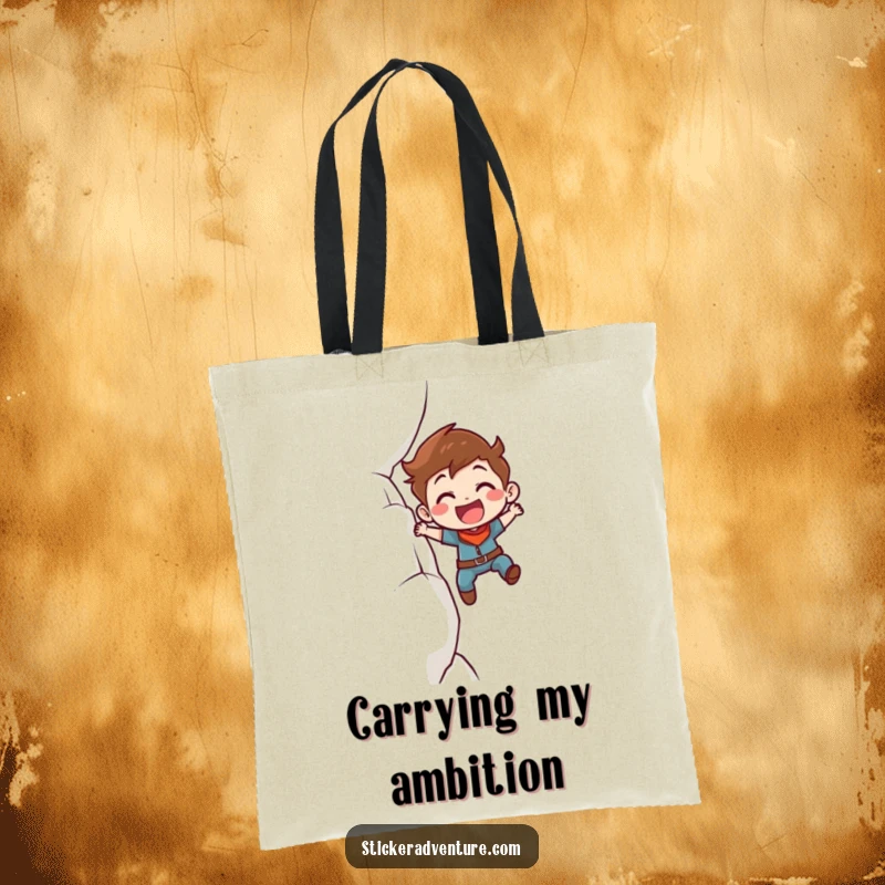 Funny Tote Bag: Character enthusiastically climbing a cliff with a determined smile, symbolizing strength and perseverance.