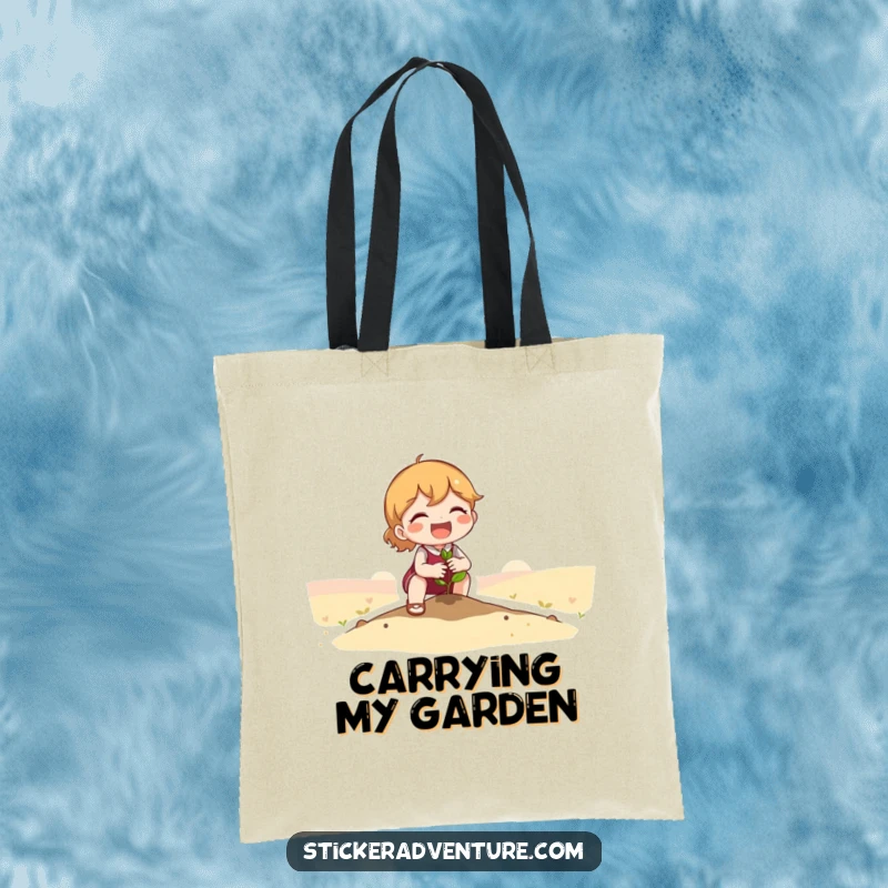 Funny Tote Bag: Cute character planting a tiny seedling in a vast landscape, promoting eco-friendliness and a sense of wonder.